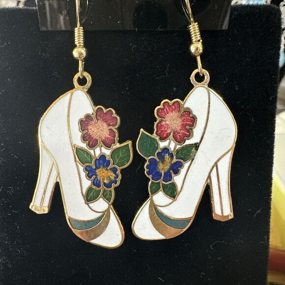 Cloisonné Earrings Floral Pierced Colorful White Red Blue Green Heels‎ Gold Tone - Picture 1 of 4